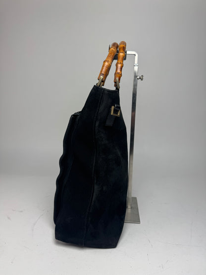Vintage Gucci Bamboo Top Handle Suede Leather Bag black