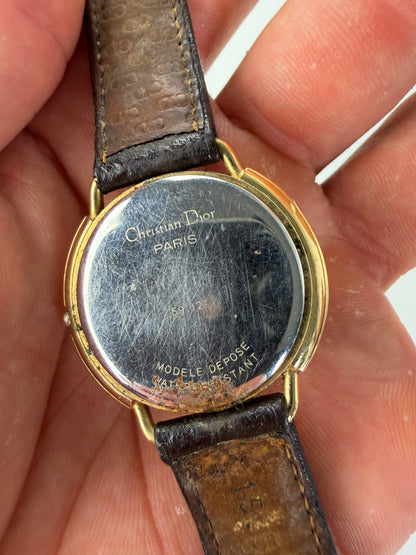 Vintage Dior Bracelet Watch Gold-Tone Brown Leather c. 1990s