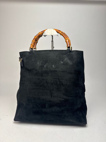 Vintage Gucci Bamboo Top Handle Suede Leather Bag black