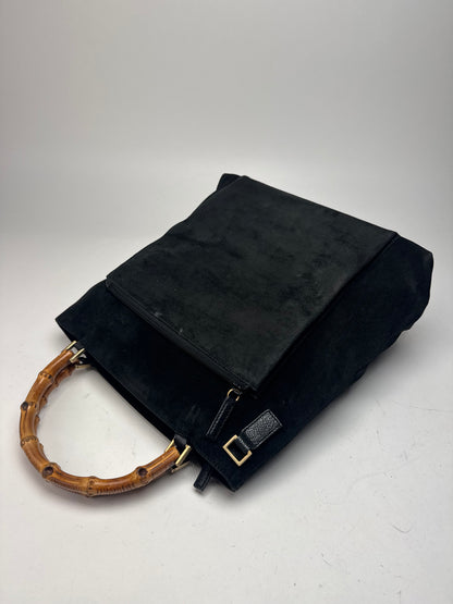 Vintage Gucci Bamboo Top Handle Suede Leather Bag black