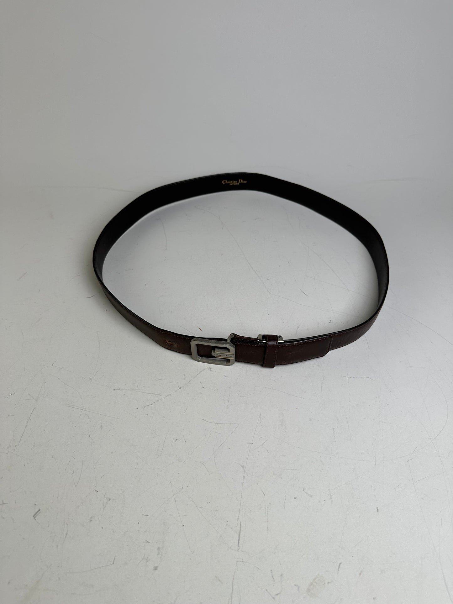 Vintage Dior Leather Belt Dark Brown Silver Buckle