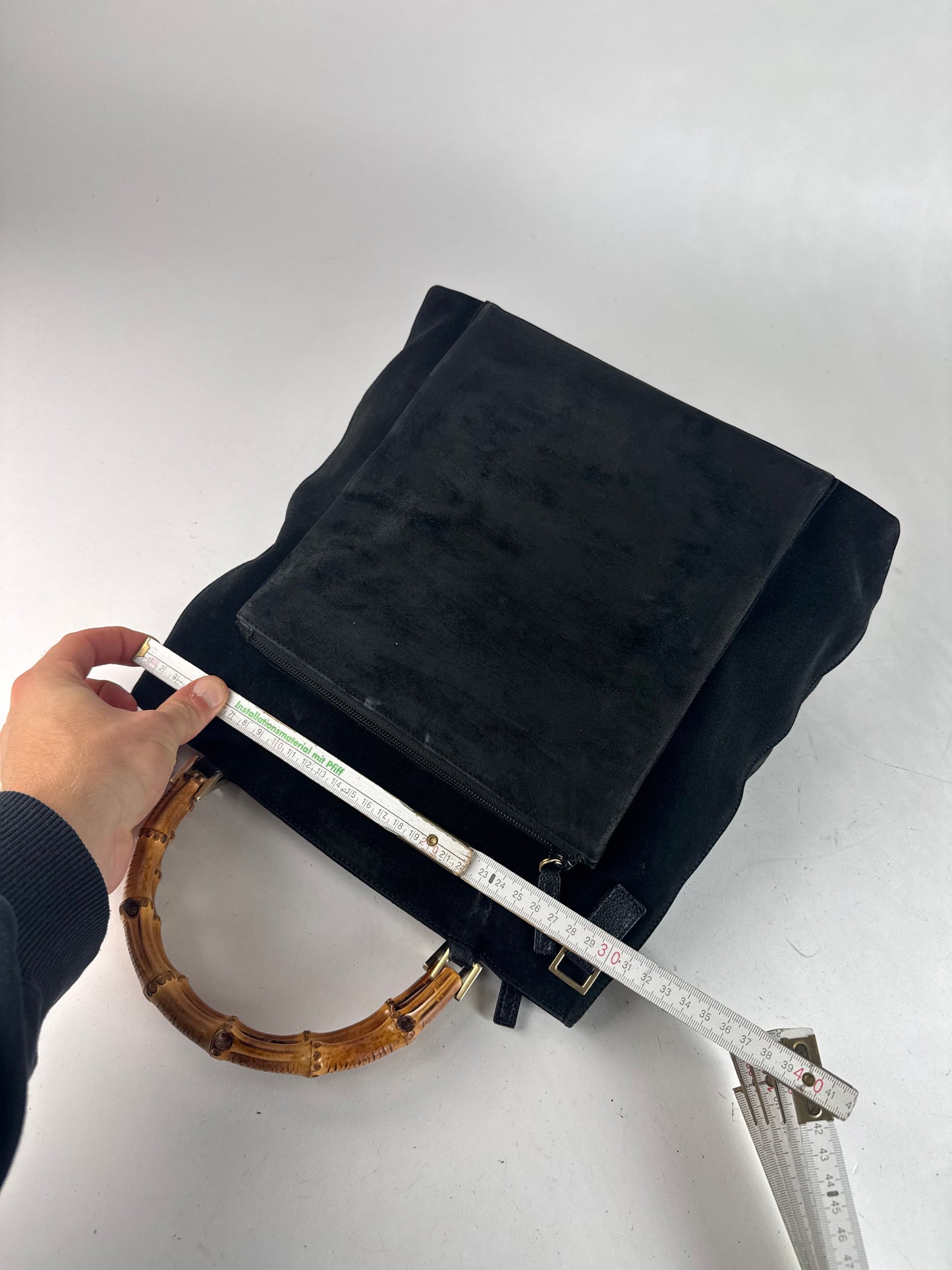 Vintage Gucci Bamboo Top Handle Suede Leather Bag black