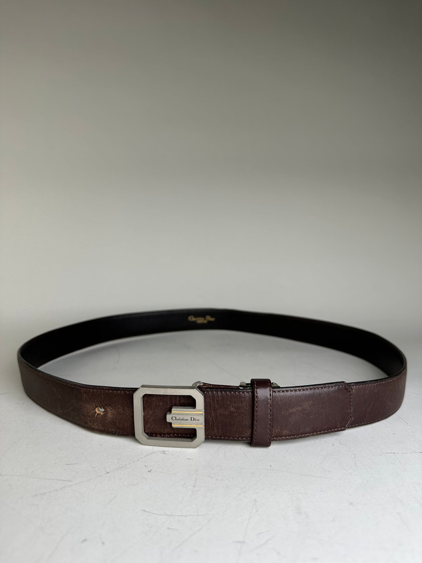 Vintage Dior Leather Belt Dark Brown Silver Buckle
