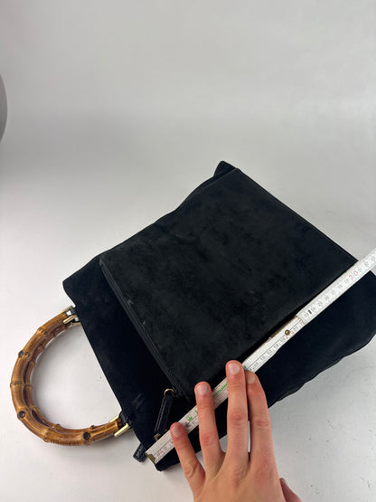 Vintage Gucci Bamboo Top Handle Suede Leather Bag black