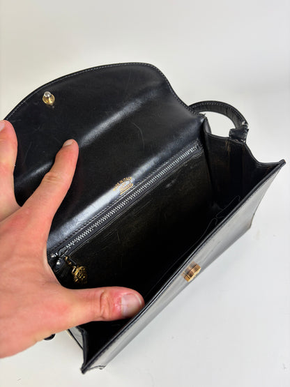 Vintage Gucci Leather Shoulder Bag Black Silver Clasp
