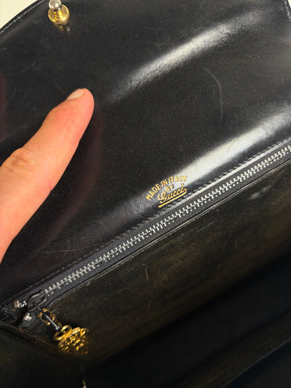 Vintage Gucci Leather Shoulder Bag Black Silver Clasp