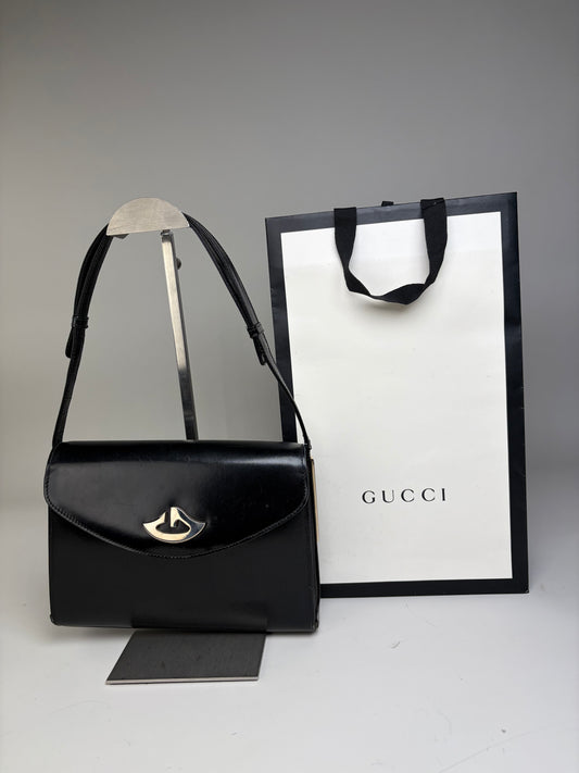 Vintage Gucci Leather Shoulder Bag Black Silver Clasp