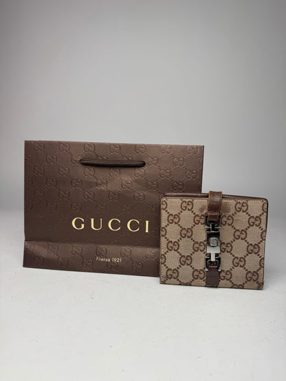 Vintage Gucci Jackie Line Monogram Leather Wallet beige brown
