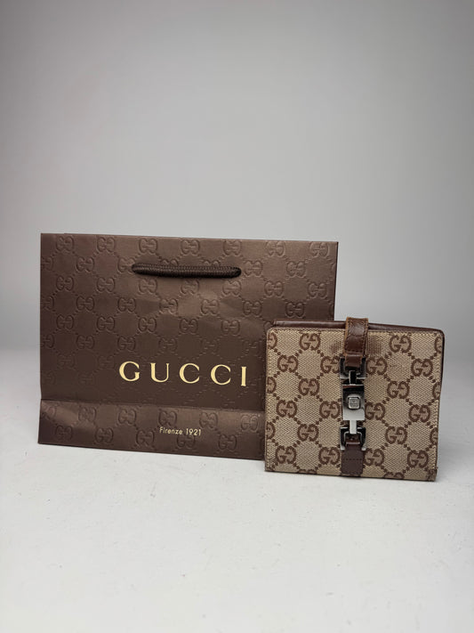 Vintage Gucci Jackie Line Monogram Leather Wallet beige brown
