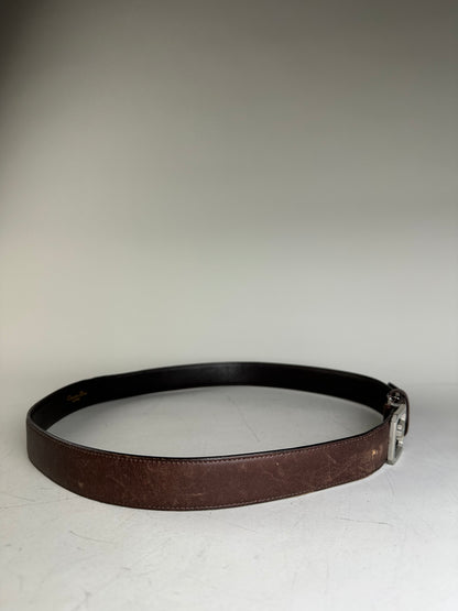 Vintage Dior Leather Belt Dark Brown Silver Buckle