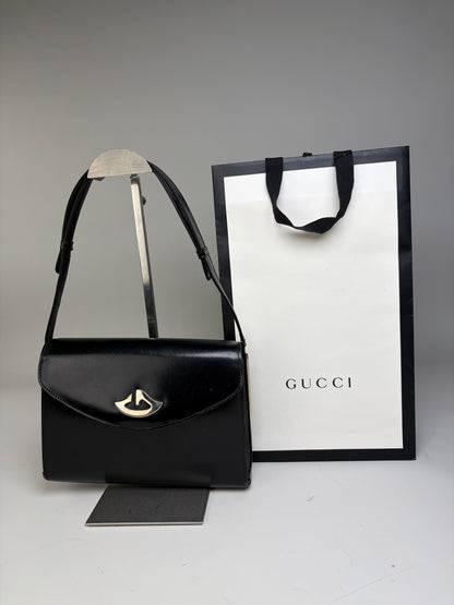 Vintage Gucci Leather Shoulder Bag Black Silver Clasp
