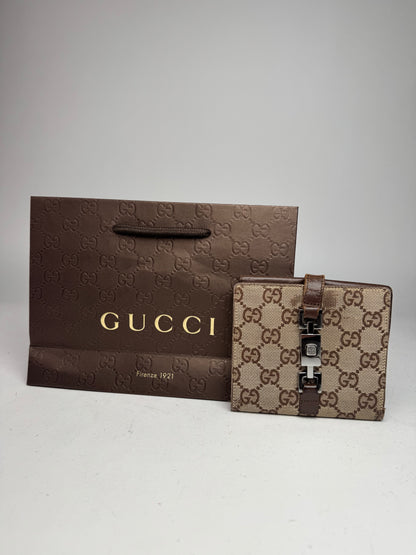 Vintage Gucci Jackie Line Monogram Leather Wallet beige brown
