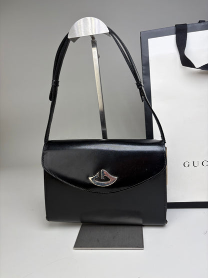 Vintage Gucci Leather Shoulder Bag Black Silver Clasp