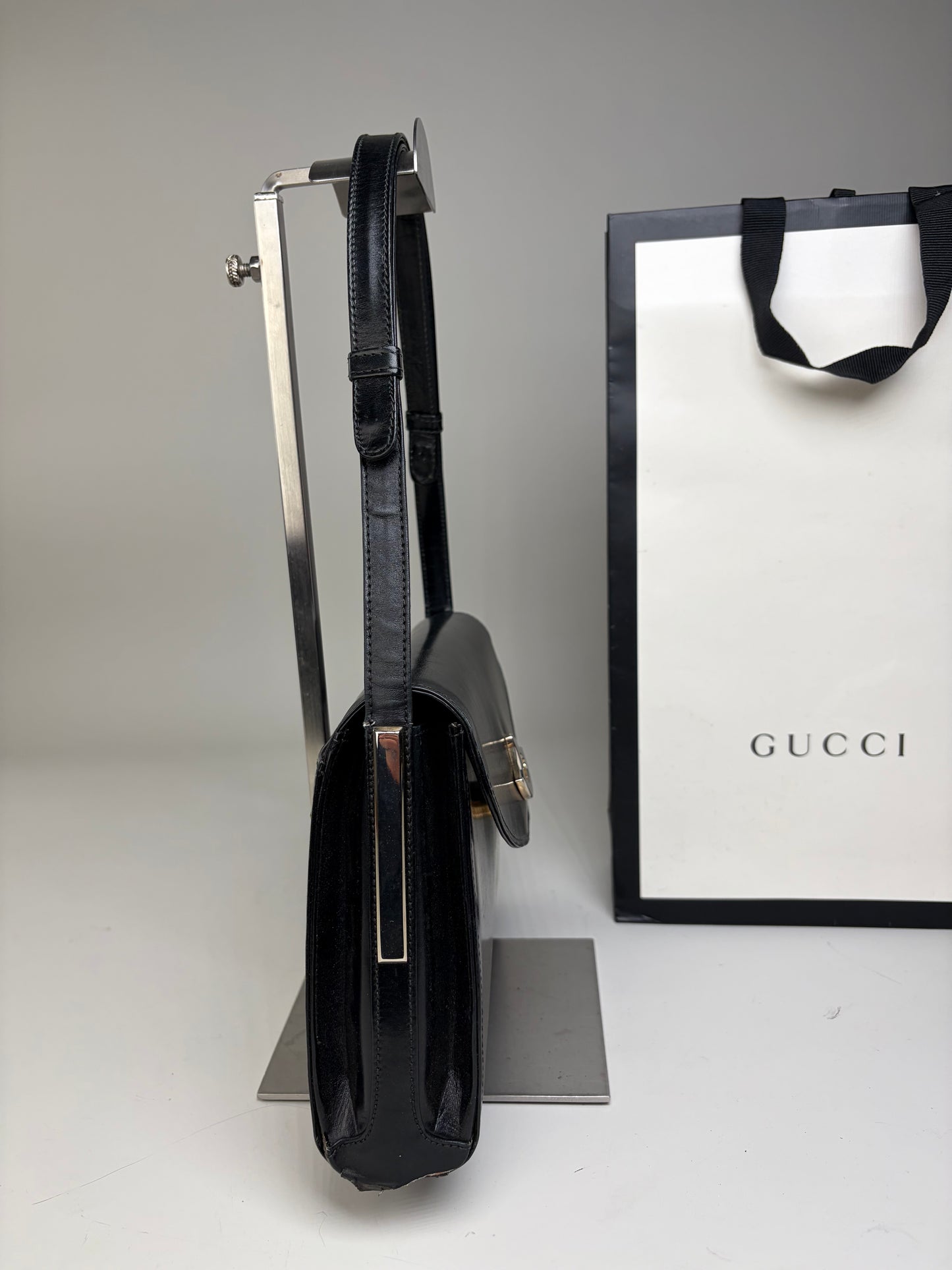 Vintage Gucci Leather Shoulder Bag Black Silver Clasp