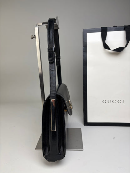Vintage Gucci Leather Shoulder Bag Black Silver Clasp