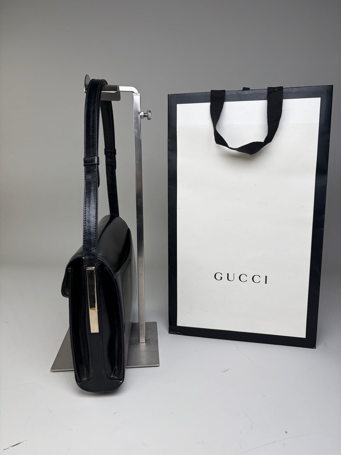 Vintage Gucci Leather Shoulder Bag Black Silver Clasp