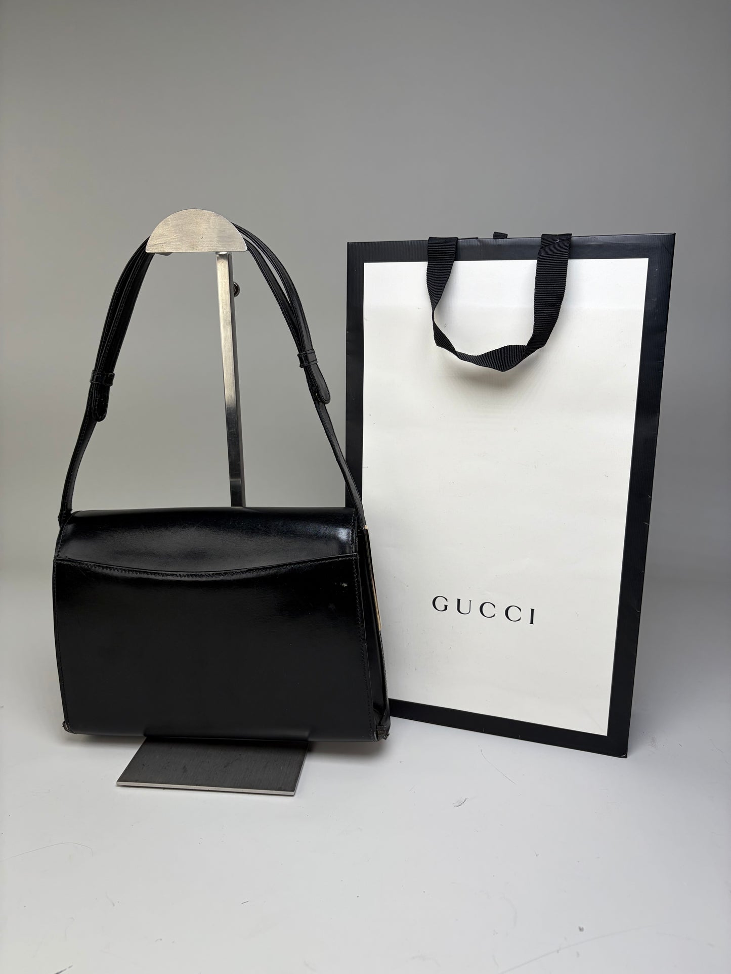 Vintage Gucci Leather Shoulder Bag Black Silver Clasp
