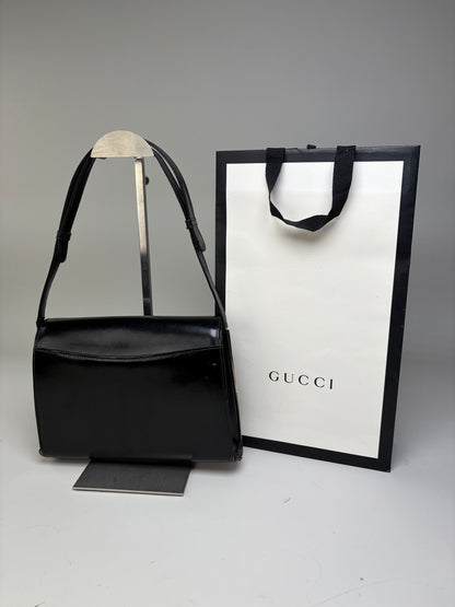 Vintage Gucci Leather Shoulder Bag Black Silver Clasp