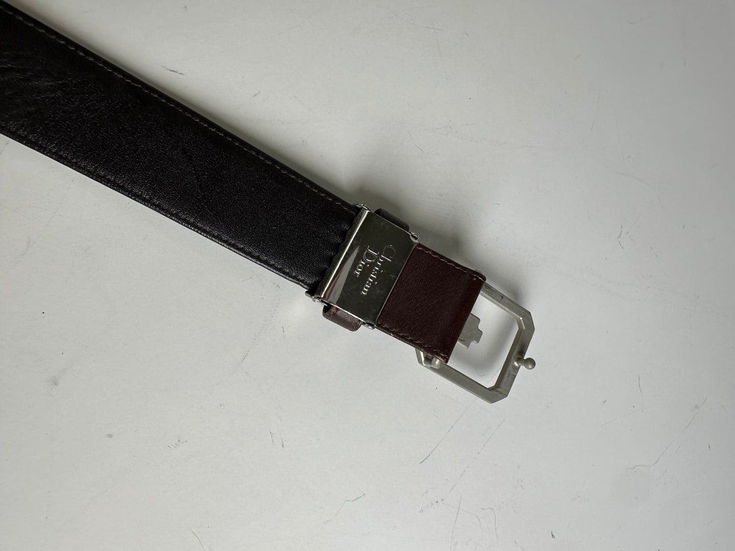Vintage Dior Leather Belt Dark Brown Silver Buckle