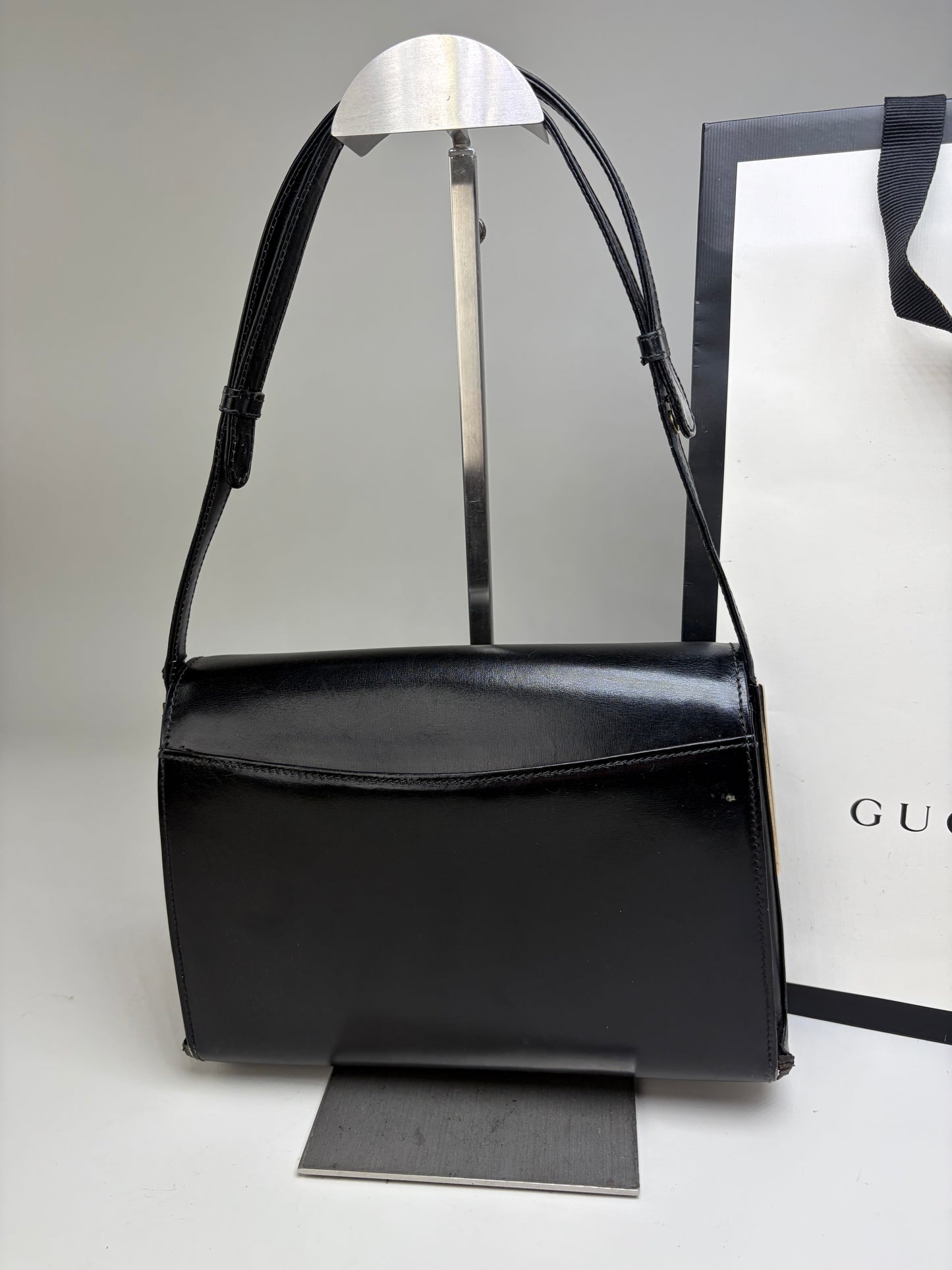 Vintage Gucci Leather Shoulder Bag Black Silver Clasp