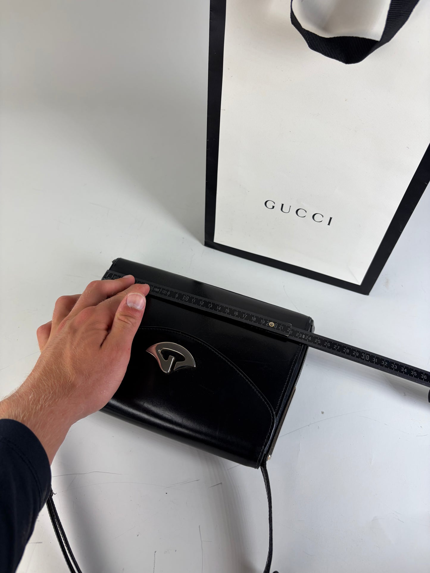 Vintage Gucci Leather Shoulder Bag Black Silver Clasp
