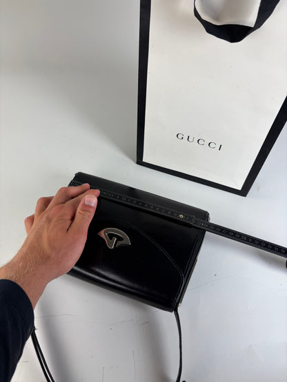 Vintage Gucci Leather Shoulder Bag Black Silver Clasp