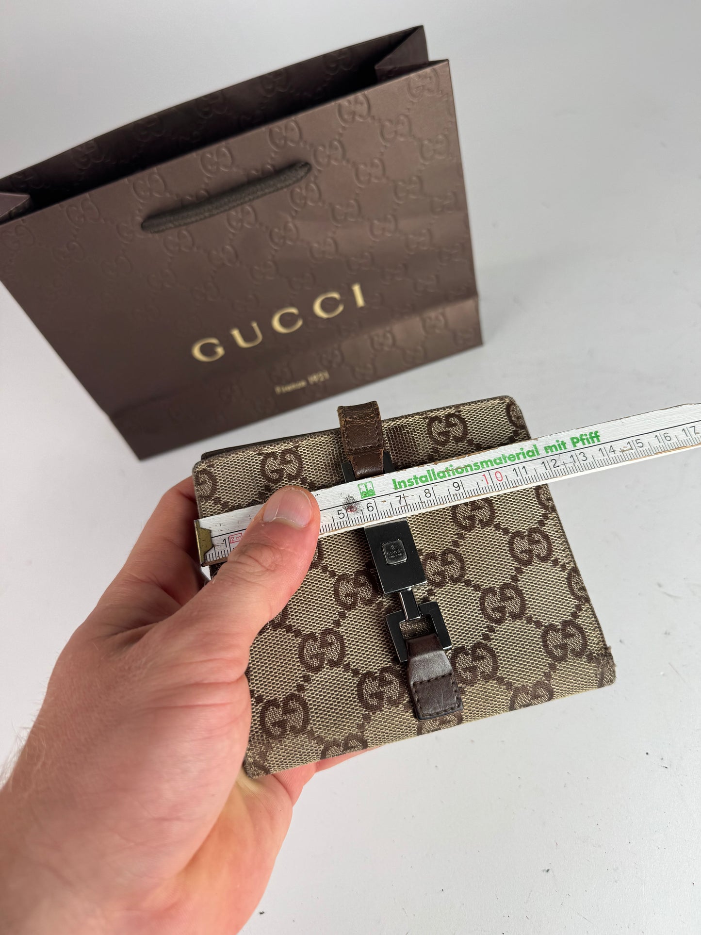 Vintage Gucci Jackie Line Monogram Leather Wallet beige brown