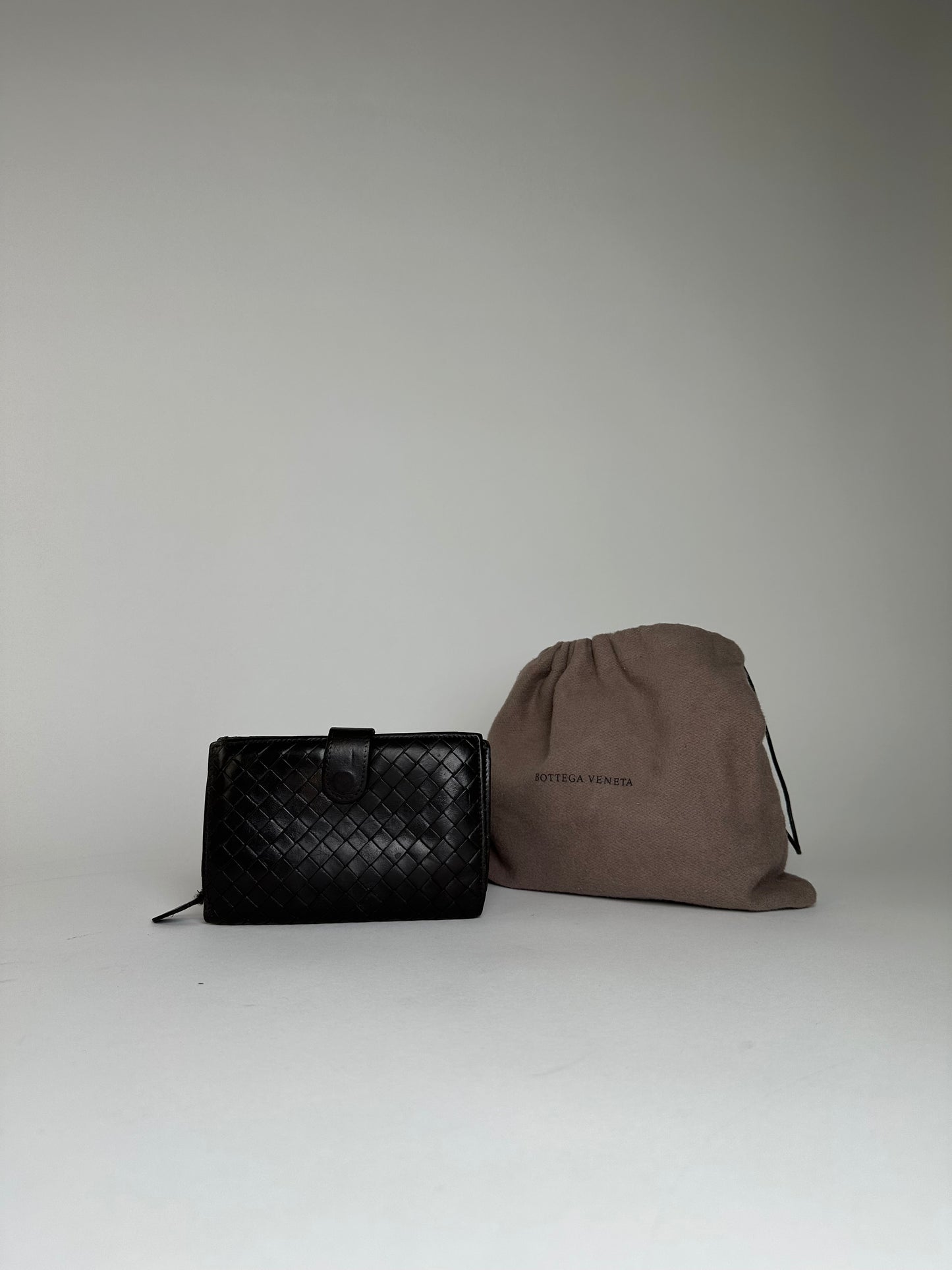 Vintage Bottega Veneta Woven Leather Wallet Black Silver