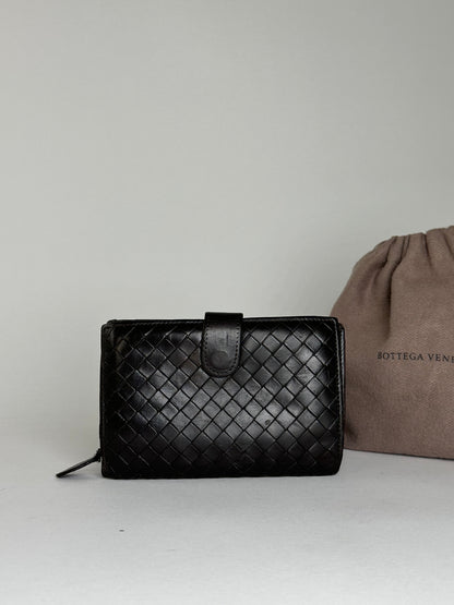 Vintage Bottega Veneta Woven Leather Wallet Black Silver