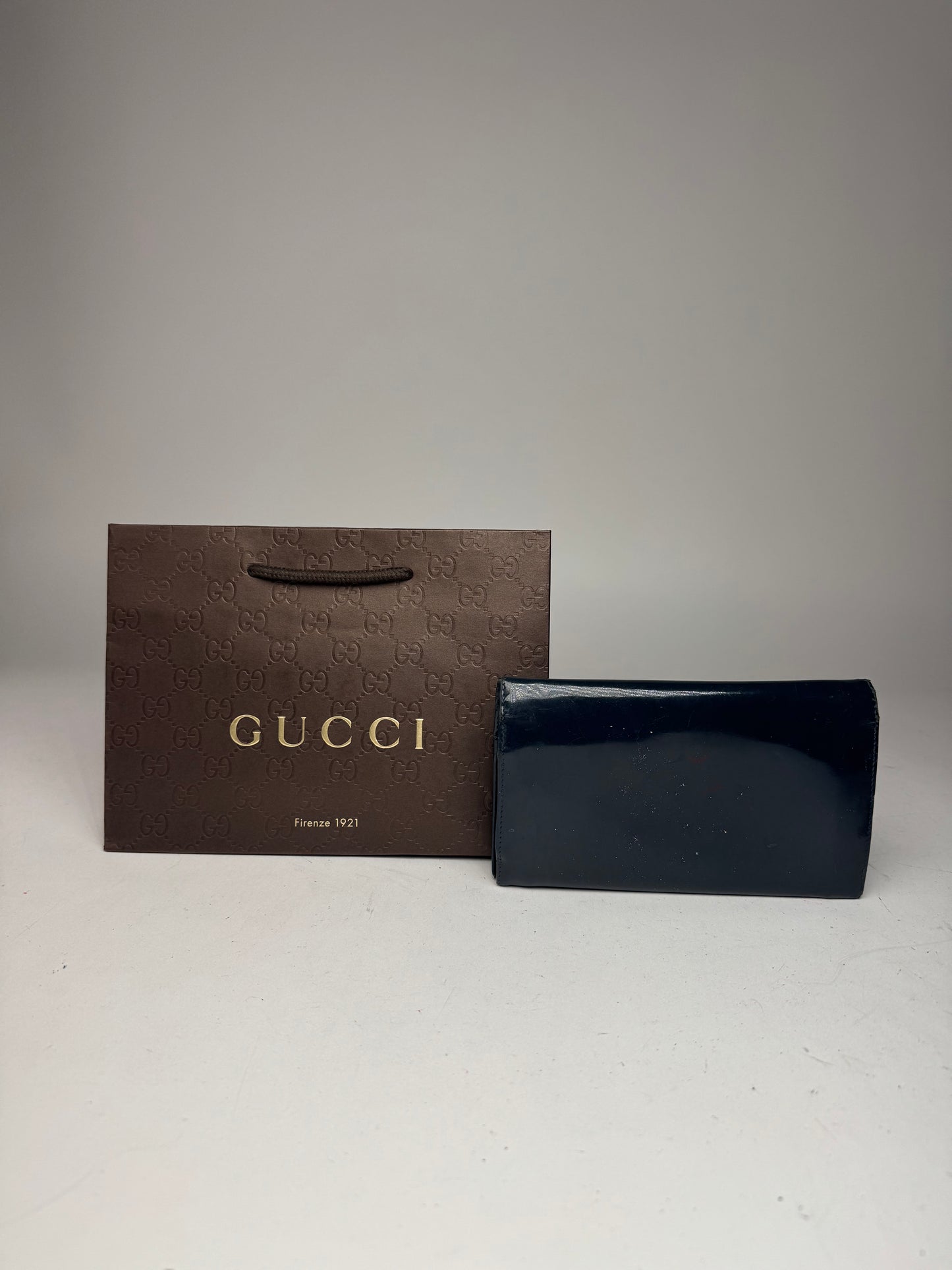 Vintage Gucci Patent Leather Wallet navy button off