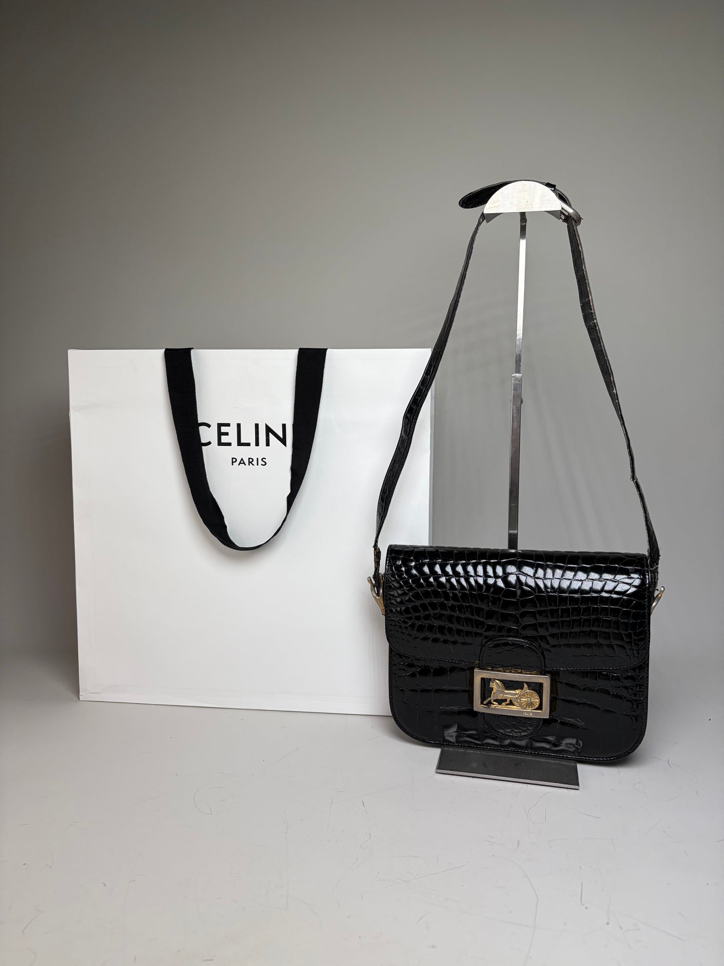 Vintage Celine Crocodile-Embossed Leather Shoulder Bag Black Gold