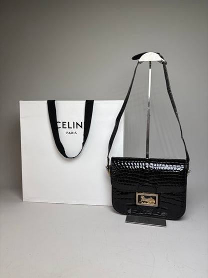 Vintage Celine Crocodile-Embossed Leather Shoulder Bag Black Gold