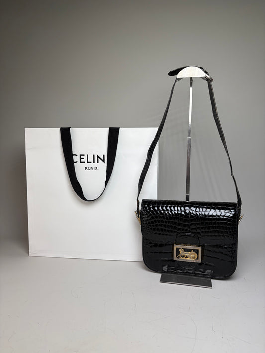 Vintage Celine Crocodile-Embossed Leather Shoulder Bag Black Gold