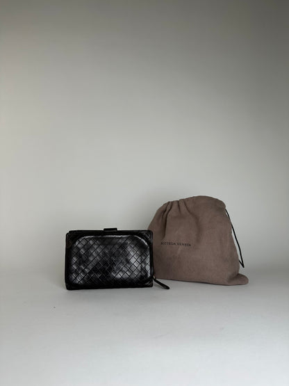Vintage Bottega Veneta Woven Leather Wallet Black Silver