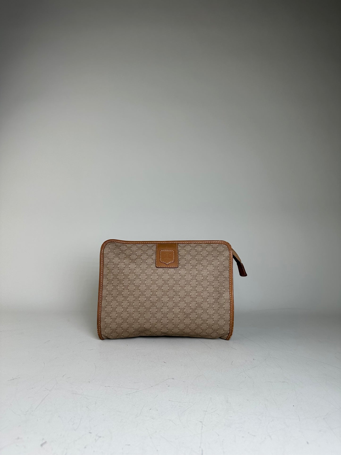 Vintage Celine Coated Canvas Pouch Beige Tan Gold Zip