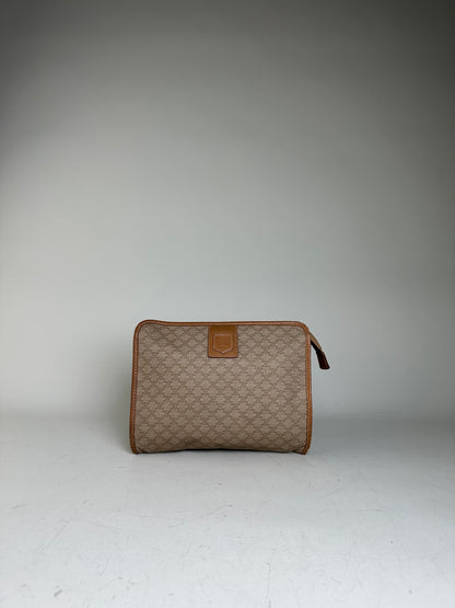 Vintage Celine Coated Canvas Pouch Beige Tan Gold Zip