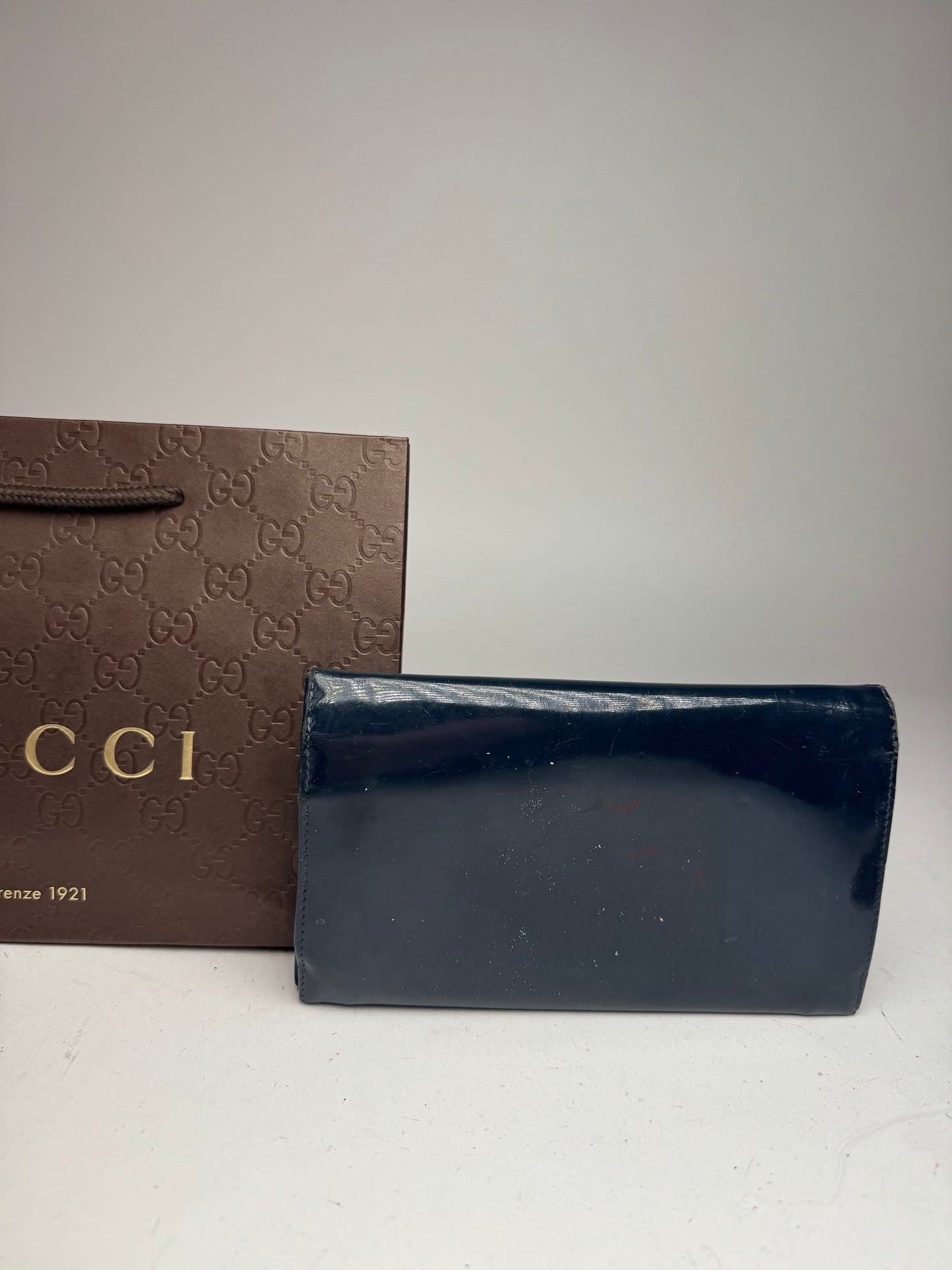 Vintage Gucci Patent Leather Wallet navy button off