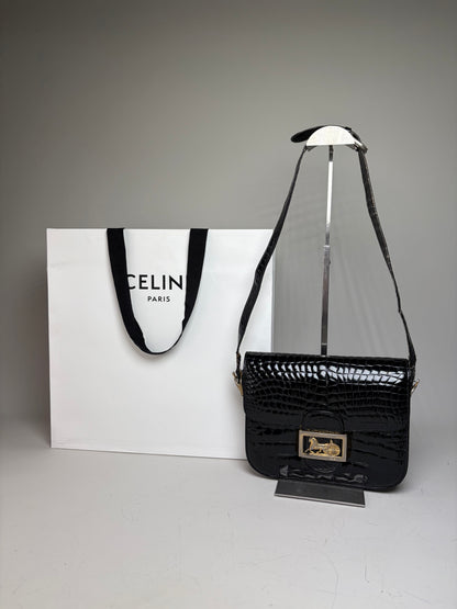 Vintage Celine Crocodile-Embossed Leather Shoulder Bag Black Gold