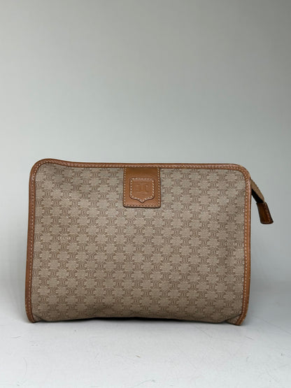 Vintage Celine Coated Canvas Pouch Beige Tan Gold Zip