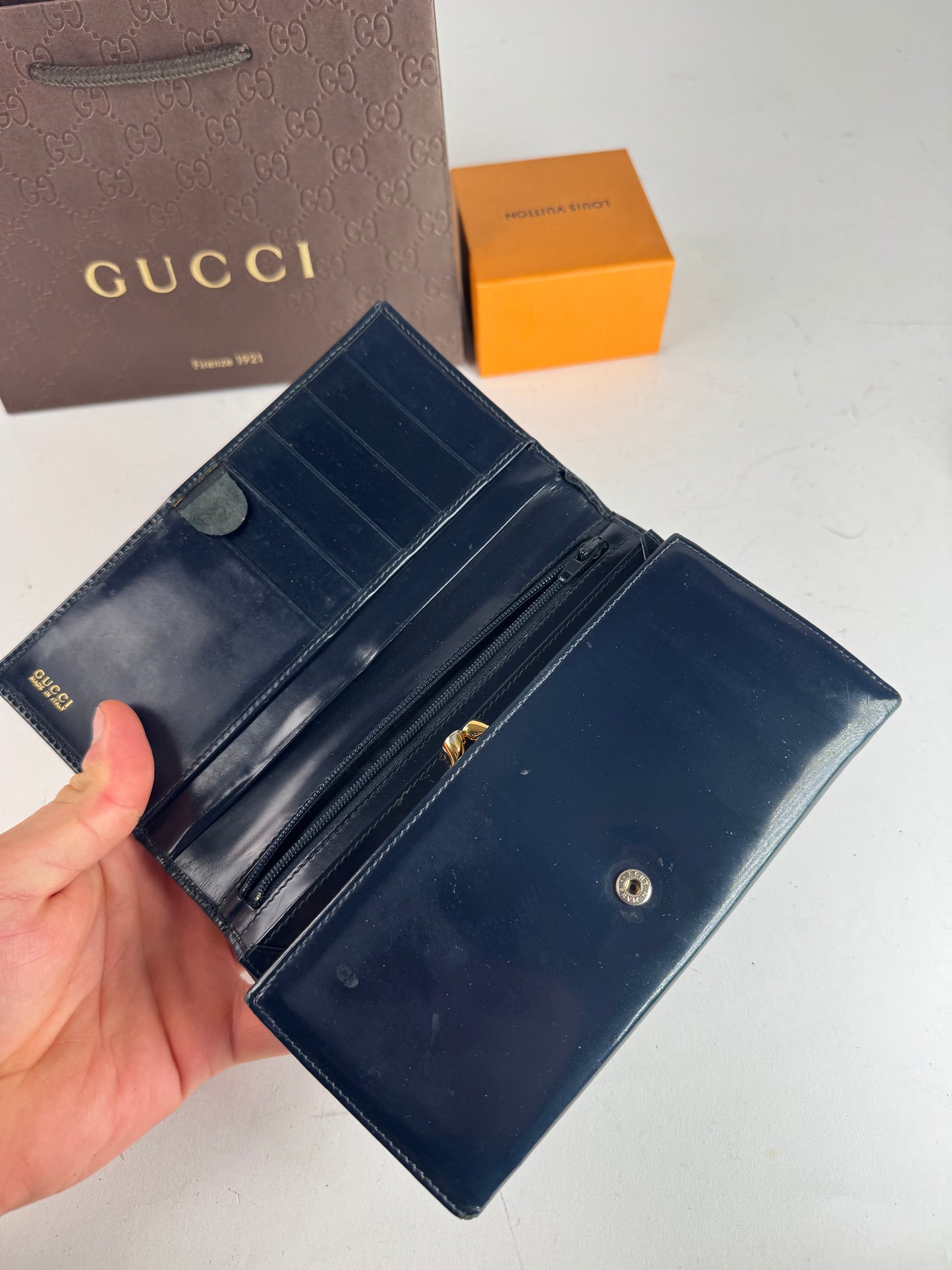 Vintage Gucci Patent Leather Wallet navy button off