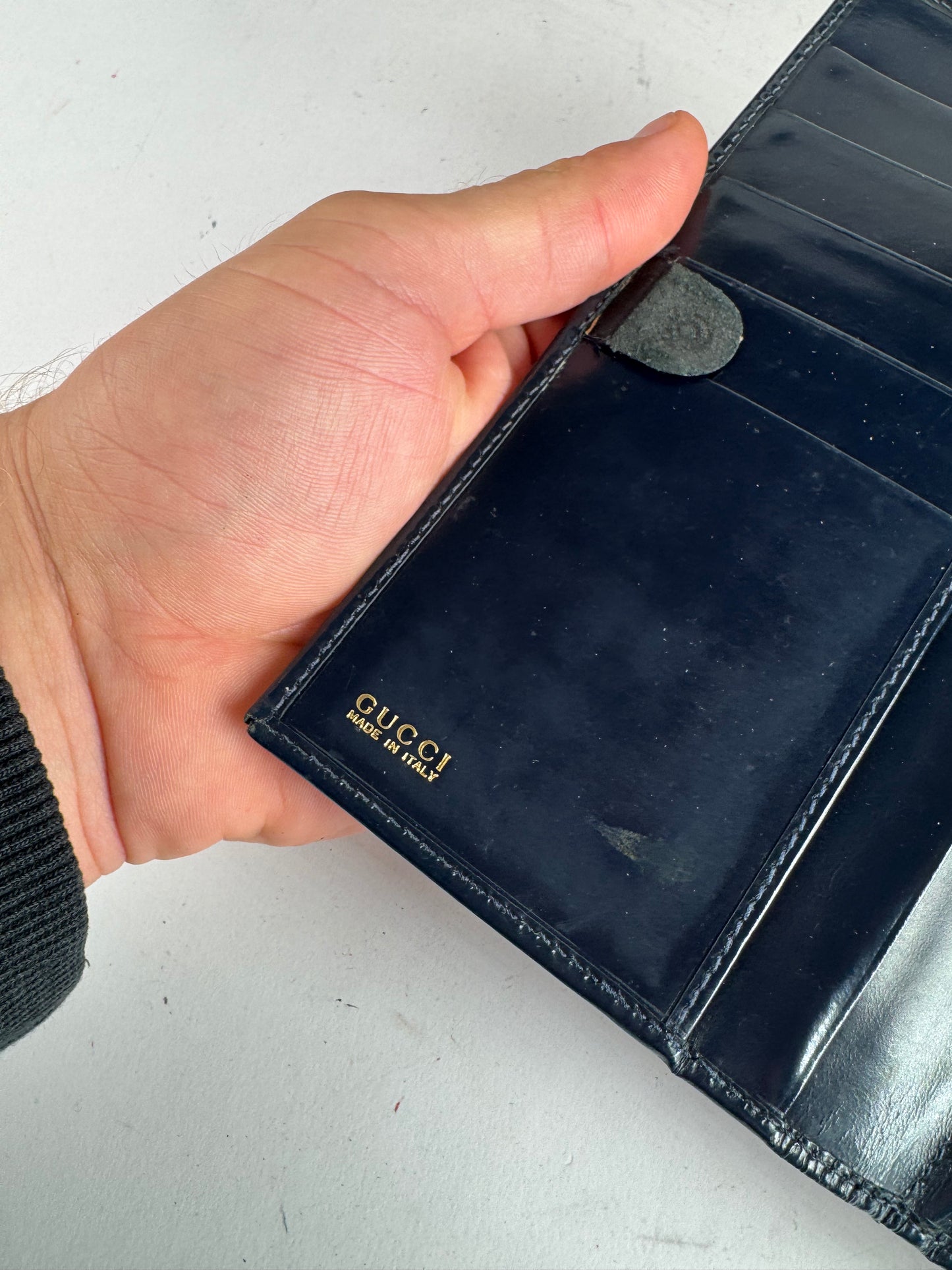 Vintage Gucci Patent Leather Wallet navy button off