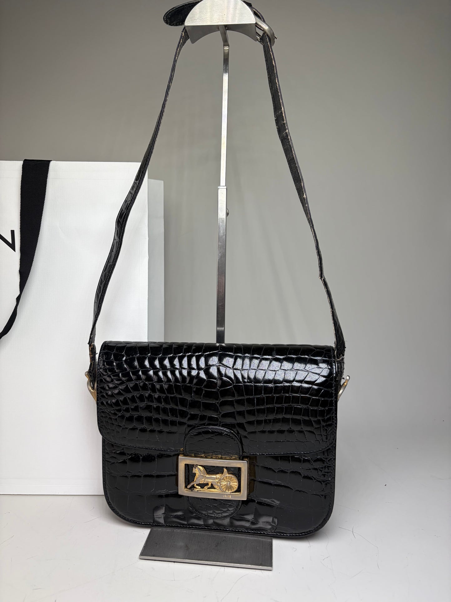 Vintage Celine Crocodile-Embossed Leather Shoulder Bag Black Gold