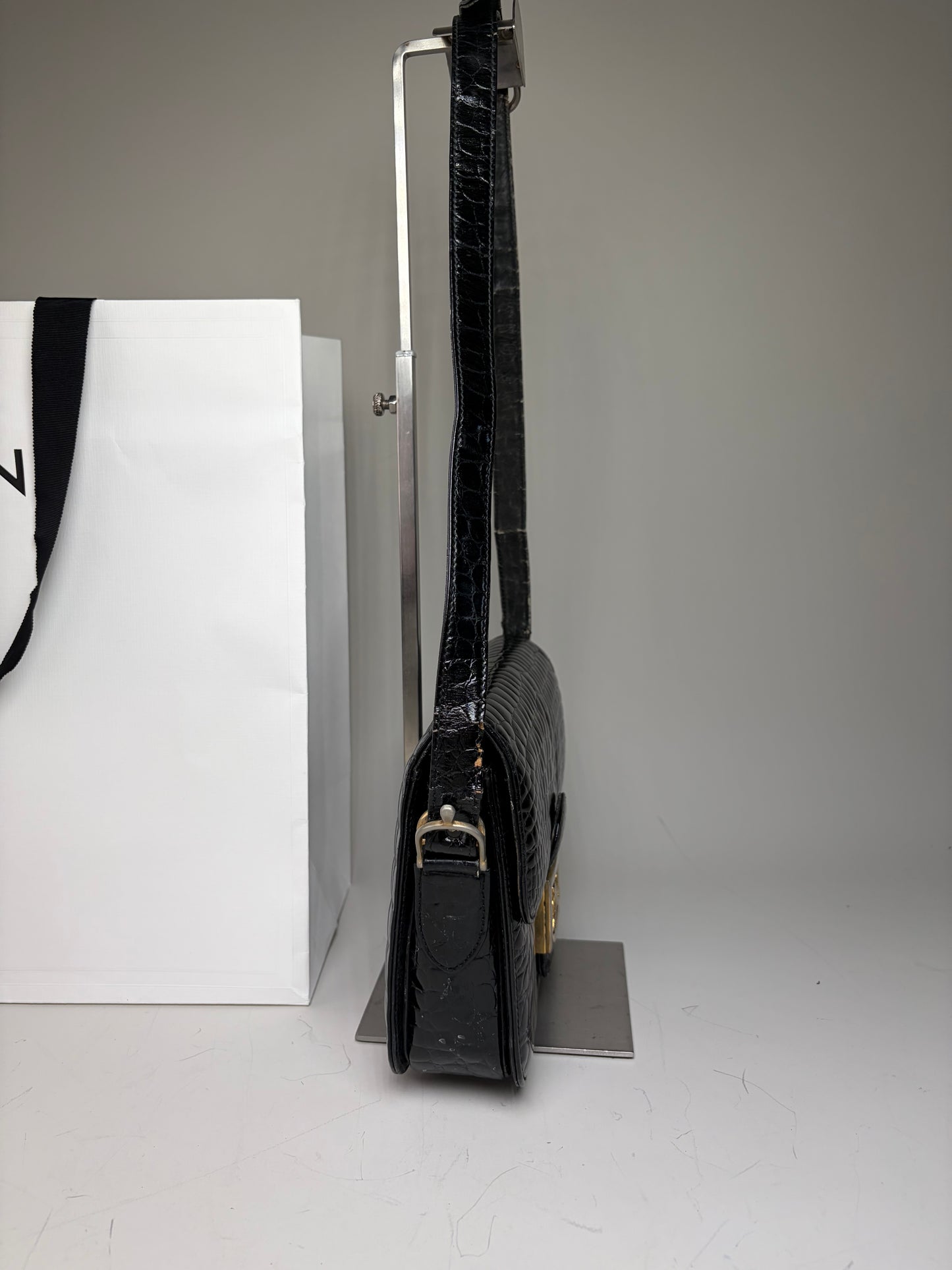 Vintage Celine Crocodile-Embossed Leather Shoulder Bag Black Gold
