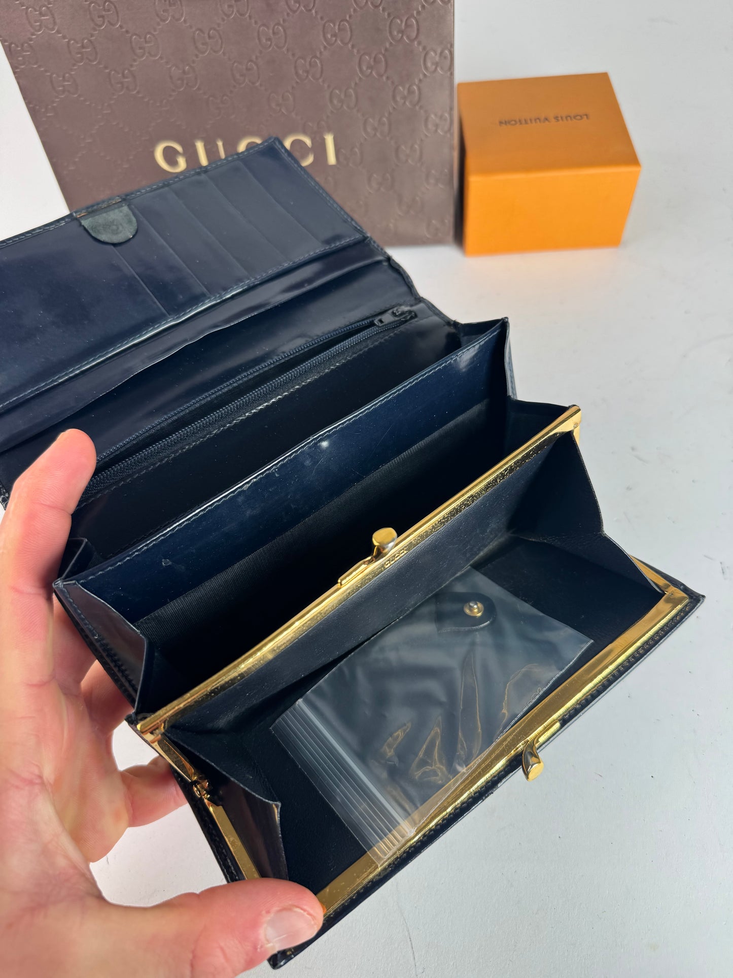 Vintage Gucci Patent Leather Wallet navy button off