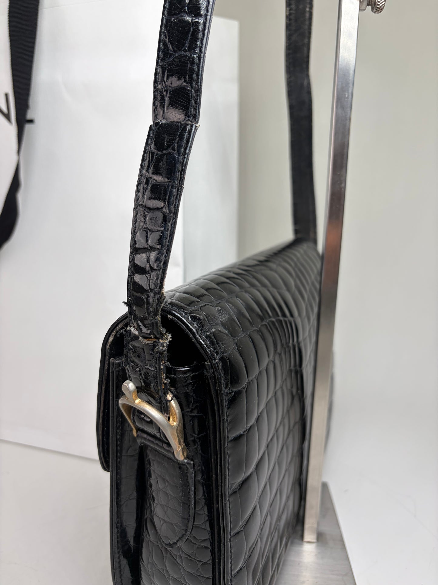Vintage Celine Crocodile-Embossed Leather Shoulder Bag Black Gold