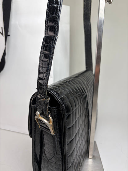 Vintage Celine Crocodile-Embossed Leather Shoulder Bag Black Gold