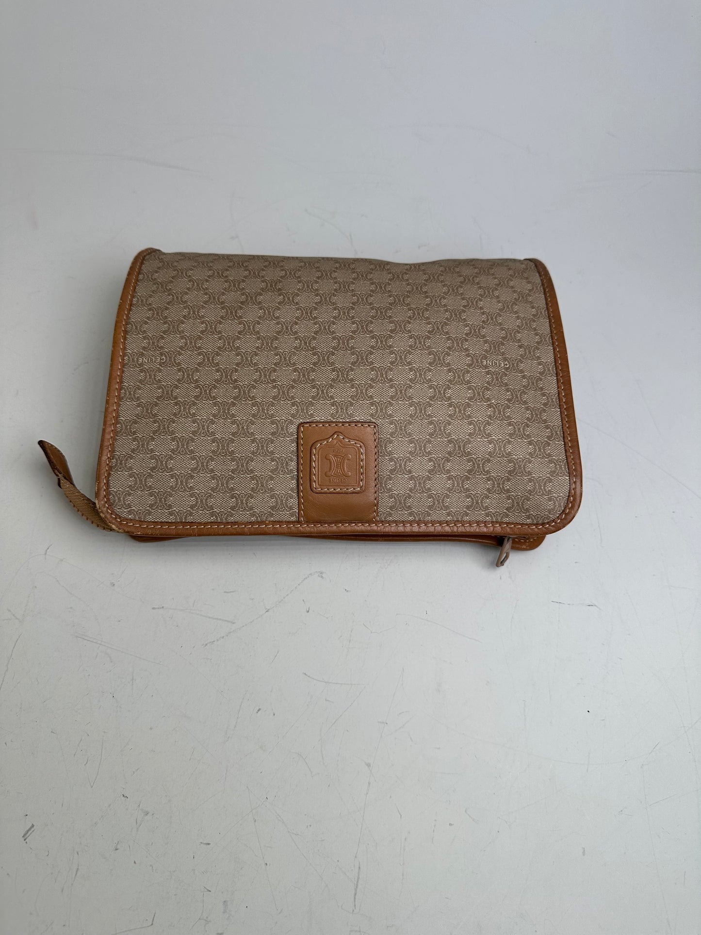 Vintage Celine Coated Canvas Pouch Beige Tan Gold Zip