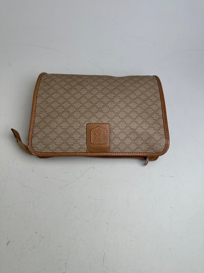 Vintage Celine Coated Canvas Pouch Beige Tan Gold Zip