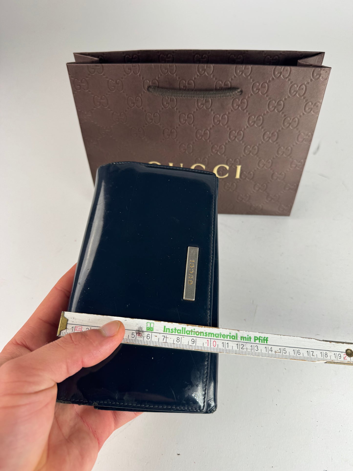 Vintage Gucci Patent Leather Wallet navy button off