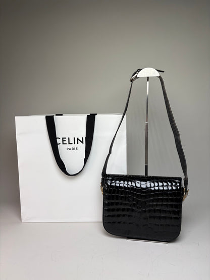 Vintage Celine Crocodile-Embossed Leather Shoulder Bag Black Gold